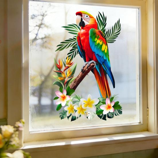 Yousheng Tropical Parrots On Branch Window Clings Bird Flowers Palm Leaves Anti-Collision Glass Door Sticker Removable Waterproof Static PVC Decals
