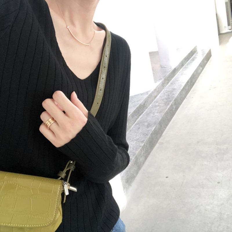 Spring and Autumn Lazy Style Long-sleeved Autumn Clothes Women's Outerwear, Loose Pullover V-neck T-shirt Sweater All-match Top 1739#