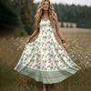 Women’s V Neck Sleeveless Maxi Dress with Adjustable Spaghetti Straps and Floral Print for Summer Beach Wear