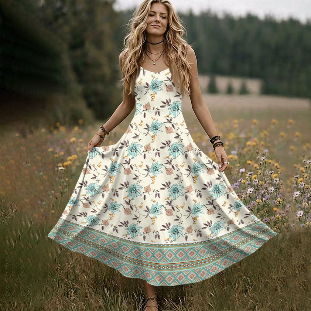 Women’s V Neck Sleeveless Maxi Dress with Adjustable Spaghetti Straps and Floral Print for Summer Beach Wear