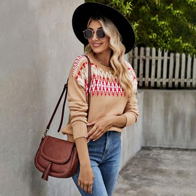 Autumn and Winter Women's Sweater Vintage Diamond Pattern Knit Sweater Fashion Large Size Round Neck Sweater