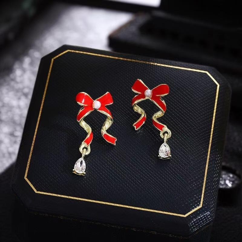 Elegant Wine Red Bow Stud Earrings with Rhinestone Drip Glaze - Light Luxury Water Drop Design красный