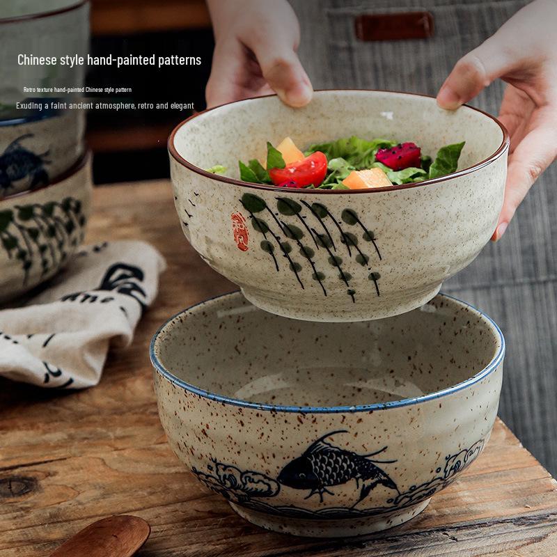Unterglasur Keramik Reis- & Suppenschüssel Set mit Essstäbchen - Chinesischer Nationalstil Geschirr für Zuhause & Restaurants