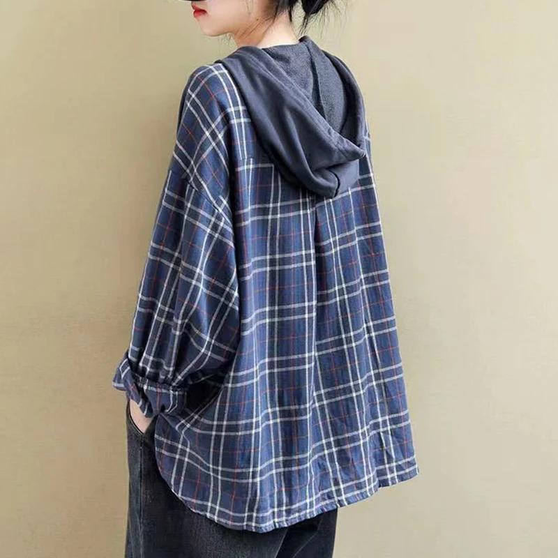 Hoodies for Women Harajuku Oversized Plaid Patchwork Hooded T-shirts Casual Korean Style Long Sleeve Women Clothes Trend Tops