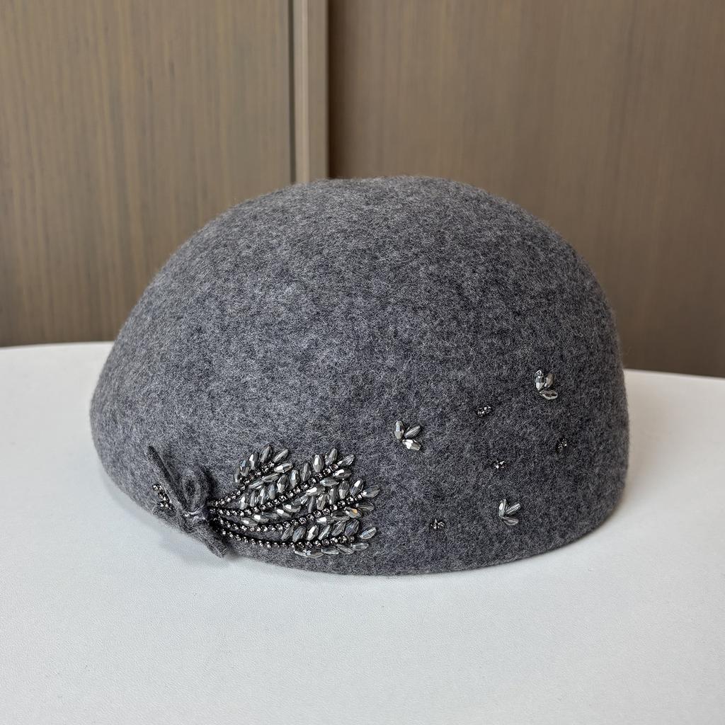 Hat Ladies Autumn and Winter Hand-sewn Diamond Wool Beret British Retro Pumpkin Hat Elegant Light Luxury Top Hat