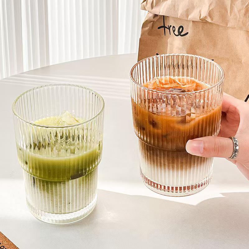 Stylish Vertical Stripe Glass Water Cup with Straw and Lid - Perfect for Iced Drinks