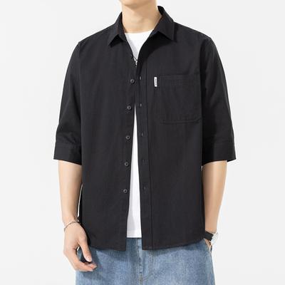 Pure Katoenen Korte Mouw Shirt voor Mannen Non-Iron Driekwart Mouw Gewassen Shirt Jasje Casual Veelzijdig Topje