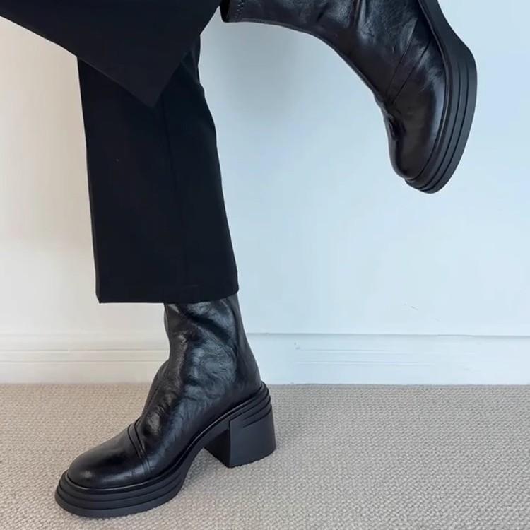 Lammfellversion~ Französisches Leder Plateau High-Heel Kurzstiefel Damen 2025 Herbst und Winter neu runde Spitze dicker Absatz elastische dünne Stiefel