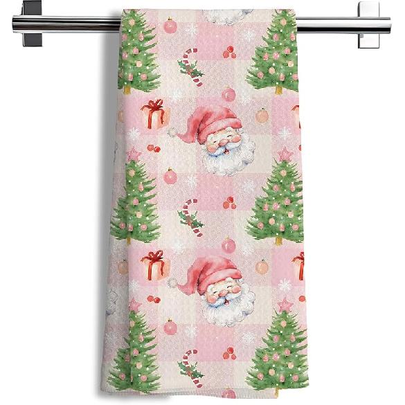 Christmas Golden Retriever Kitchen Towels, Green Christmas Tree Dish Tea Towels, Xmas Bauble Gift Box Decorative Hand Towel for Kitchen D-pink Santa 02