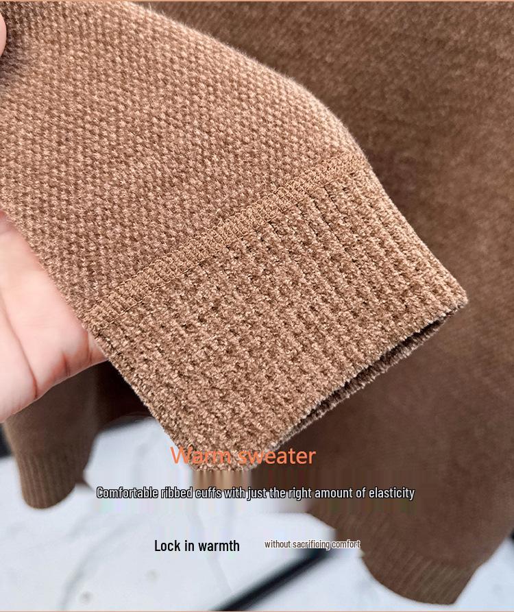 Men's Fleece-Lined Half-High Neck Knitted Sweater - Warm Embroidered Autumn/Winter Base Layer