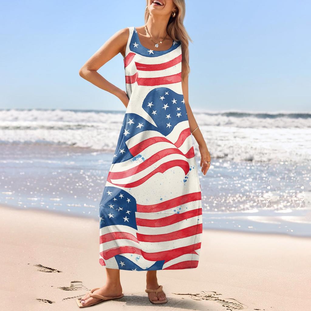 Women's Casual Long-length Sundress Summer Beach Dress Round Neck Sleeveless Loose Sundress