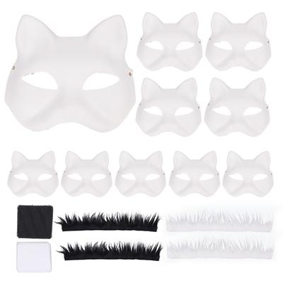 10 STÜCKE Katze Therian Gesichtsmaske Papier DIY Handbemalt Blanko Tier Katze Halbgesichtsmaske mit Fell und
