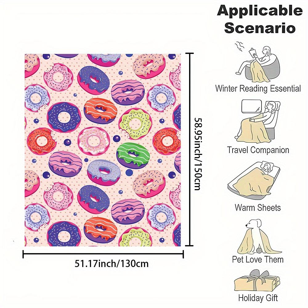 Assorted Donut Print Flannel Throw Blanket -Polyester Non-Woven, Digital Print, All-Season Reversible, Contemporary