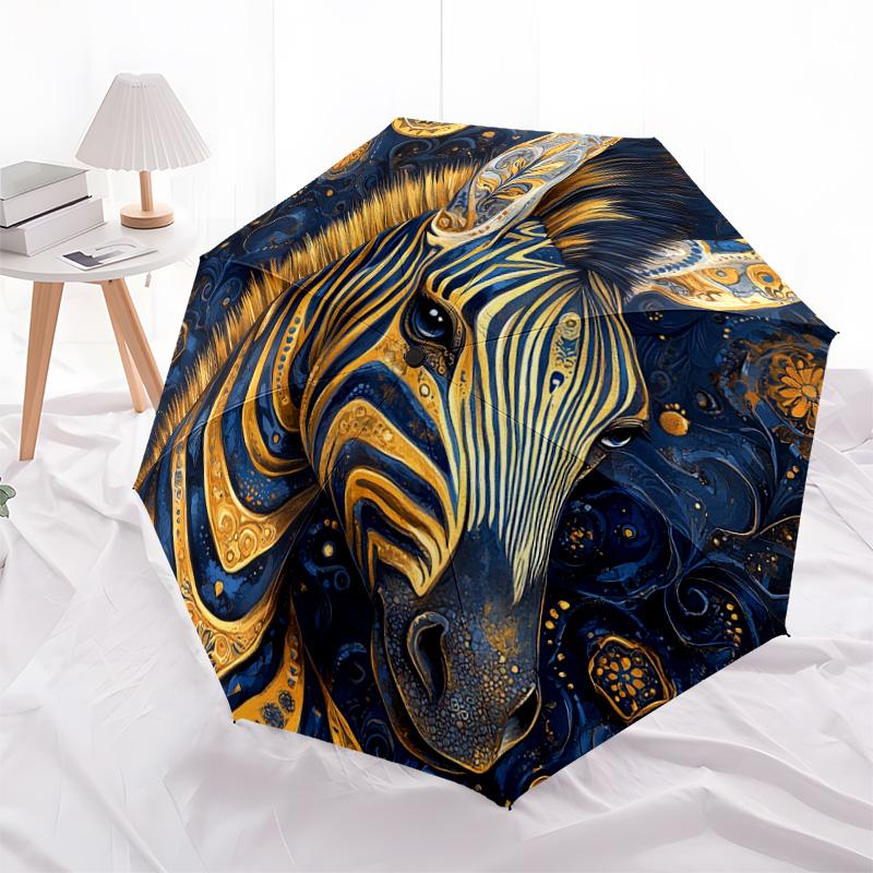 1 PC Automatic Folding Umbrella - Golden Zebra Pattern, Portable & Foldable Design with 8 Ribs, Christmas Birthday Gifts