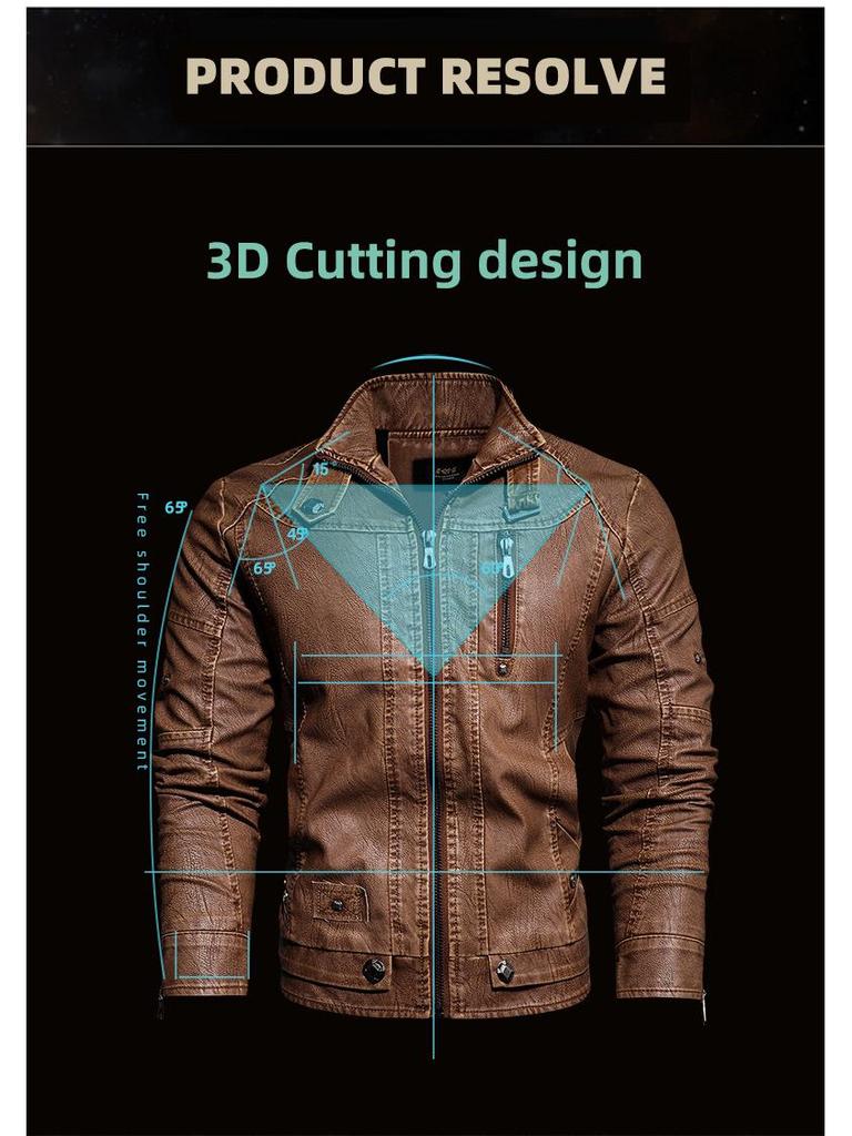 Herren Europäische & Amerikanische Slim Fit PU-Leder Motorradjacke mit Stehkragen und Plüschfutter