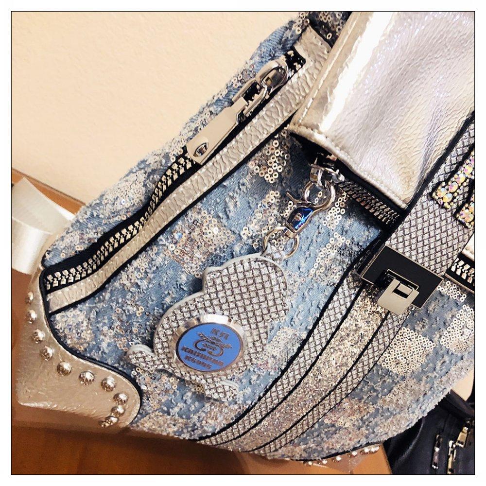 Karierter Denim-Rucksack mit Pailletten, Umhängetasche, Damentasche, vielseitiger, modischer und personalisierter Rucksack mit einer Schulter