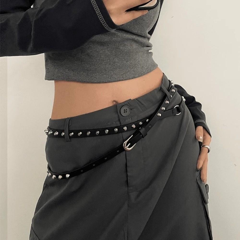 Double Loop Leather Waist Belt Extra Long Dress Jeans Belt Simple Women's Rivet Belt Streetwear