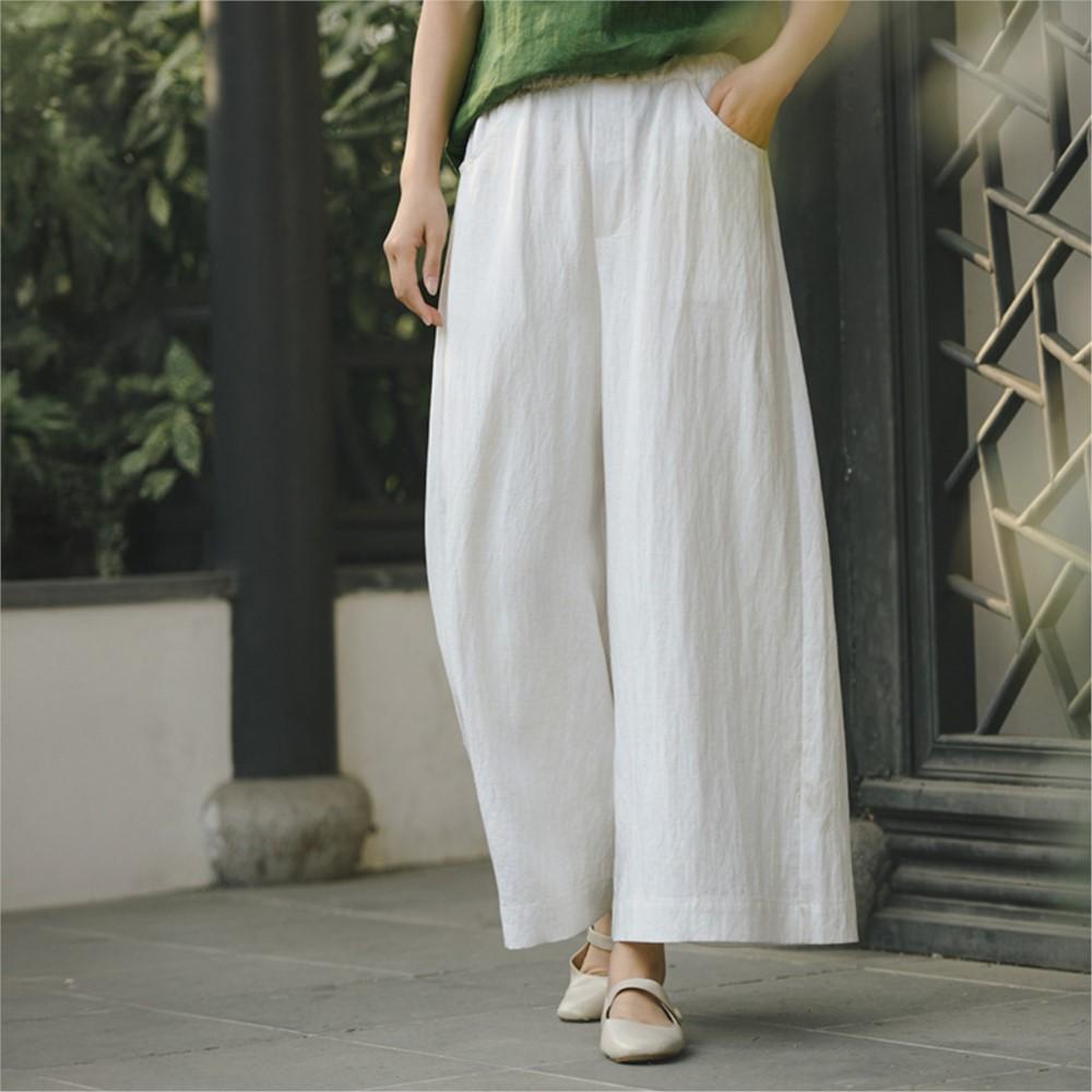 Johnature Women Vintage Wide Leg Pants Summer Chinese Style Elastic Waist Solid Color Trousers Loose Casual Pants