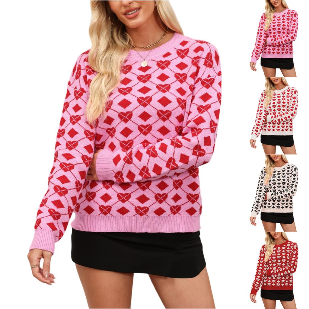 Women's Fashionable Round Neck Long Sleeved Heart-shaped Pullover, Contrasting Color Pullover, Sweater Top