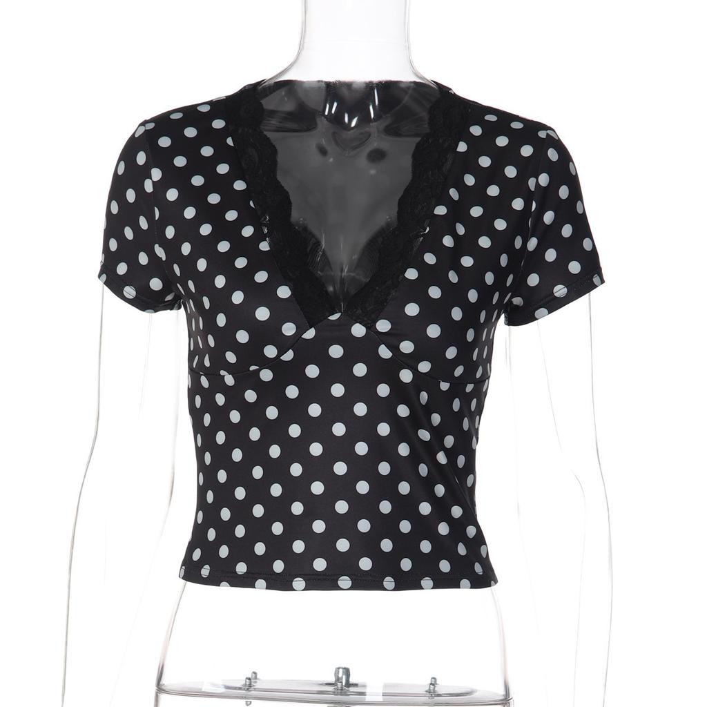Sexy polka dot splicing V-neck short-sleeved T-shirt women's summer new Spice Girl slim-fitting and thin short-sleeved top