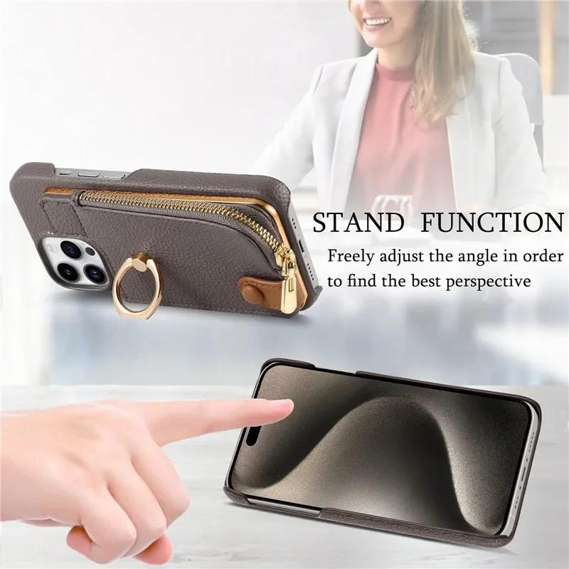 Leather Zipper Wallet with Card Holder Phone Case for IPhone 16E 16 15 14 13 12 11 Pro Max XS XR 7 8 Plus Ring Kickstand Cover
