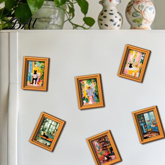Decorative Frames for Office Whiteboards Cute Cat Magnetic Fridge Magnet, Vintage Wooden Picture Frame, Fun Photo Display Small Pictures Scene