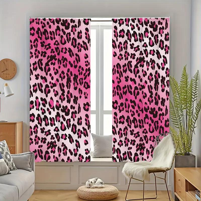 2PCS pink leopard print curtains with pole bag design   protecting privacy and suitable for various decorative scenes