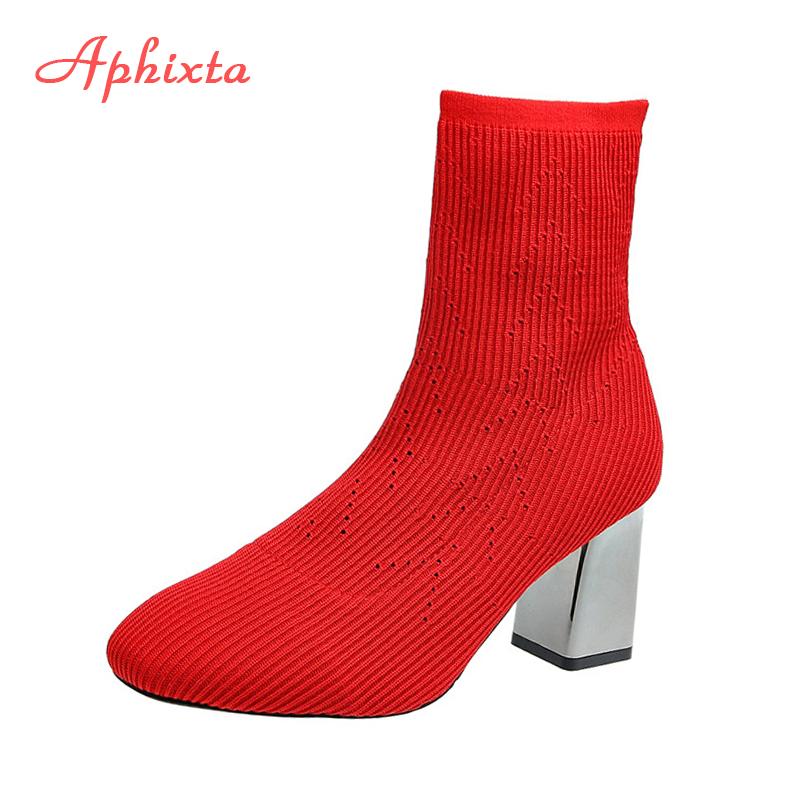 Fashion Aphixta 2025 New Fashion Ankle Boots Women Shoes Elastic Sock Boot Chunky High Heels Stretch Sexy Booties Pointed Toe Plus 41 43