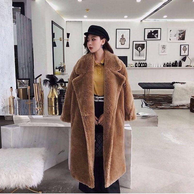 2 New autumn and winter Iceland imitation cashmere long coat teddy bear imitation fur coat women's black peach powder