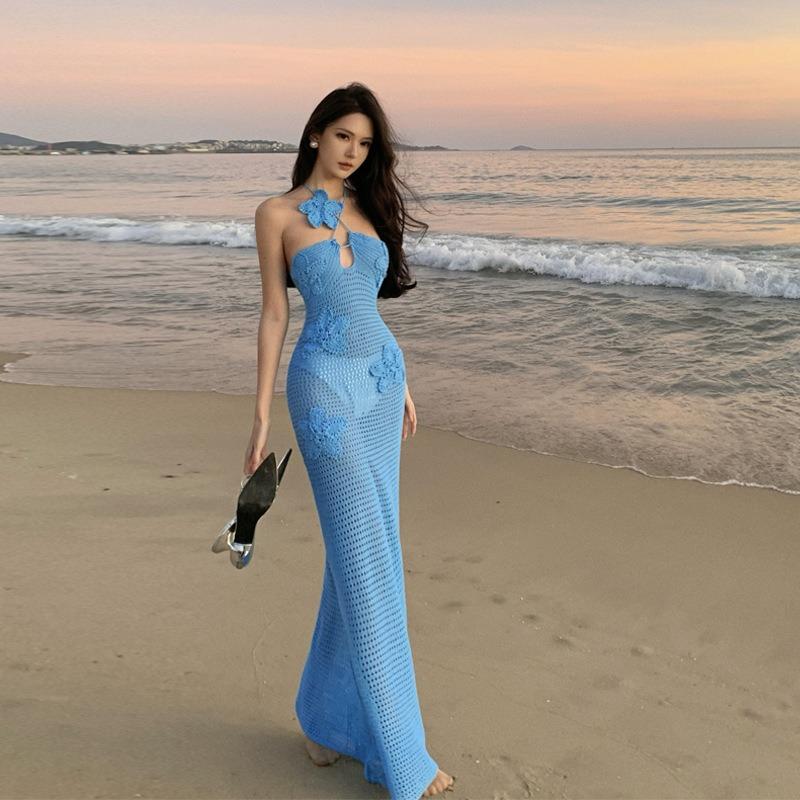 Hot Body Seaside Vacation Knitted Hollow Beach Dress Sexy Perspective Neck Spice Girl Hip Wrap Dress