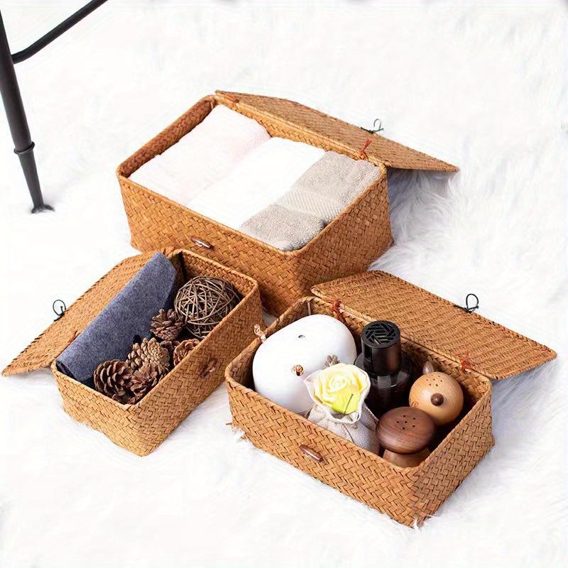 Brown/beige/coffee 3-pieces Set Grass Woven Home Sundry Storage Box with Lid Cover buckle,toy&Towel&Dirty Clothes Collecting Basket Container.