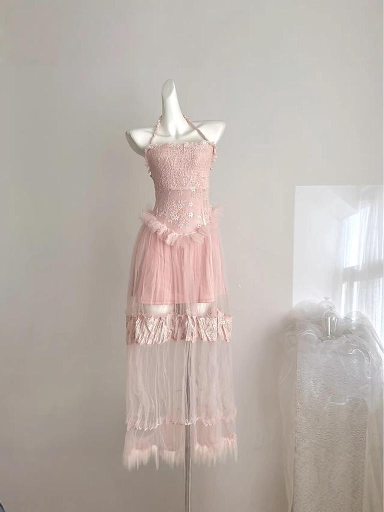 Ethereal Mesh Patchwork Halter Dress: Strapless Sleeveless Black Long Dress - Spring 2026 Collection