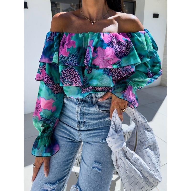 New Spring Off-the-shoulder Floral Printed Layer Ruffled Women Blouse Sexy Long Sleeve One-word Collar Shirt Sweet Loose Casual Tops Clothing
