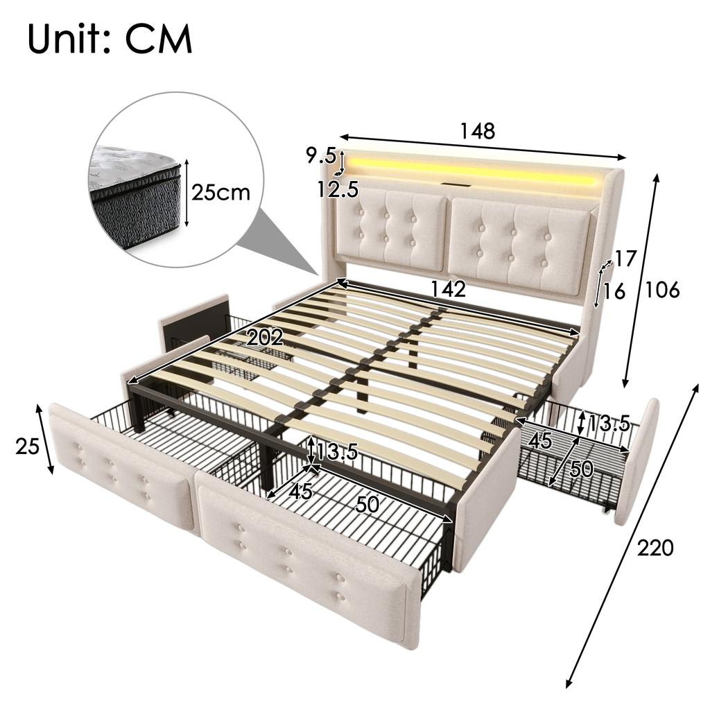 Pat tapitat 140x200, Pat dublu, Tăblie cu LED, Încărcare USB C, 4 sertare, Cadru din lemn și metal, 300 kg, Bej, Bumbac (Fără Saltea)