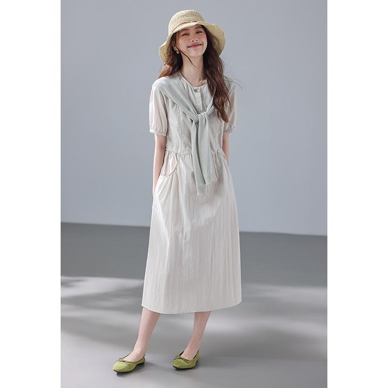 Fenghe Korean Style Summer Lazy Light and Thin Round Neck Waist Short Sleeve Dress