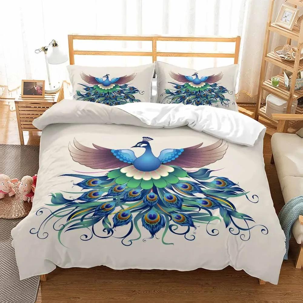 Comforter Print Leaves Bird Feathers Bed Sets Queen Size 100% Polyester Bedclothes 3Pcs Whole Set Peacock Bedding Set Bedroom