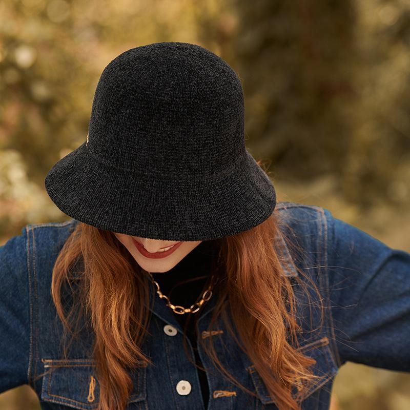 Autumn and winter new chenille knitted bucket hat elegant dome hat women's big brim