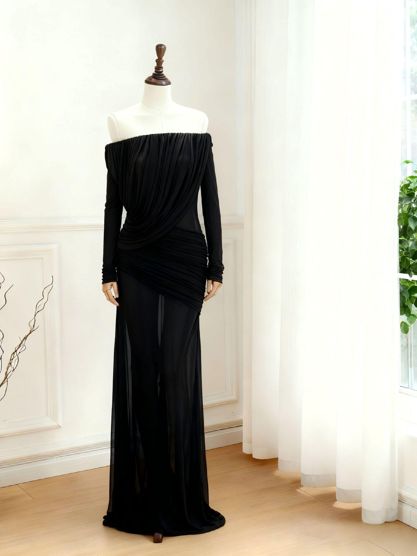 Elegant 2026 Pleated One-Shoulder Dress with Sheer Patchwork XXL чёрный