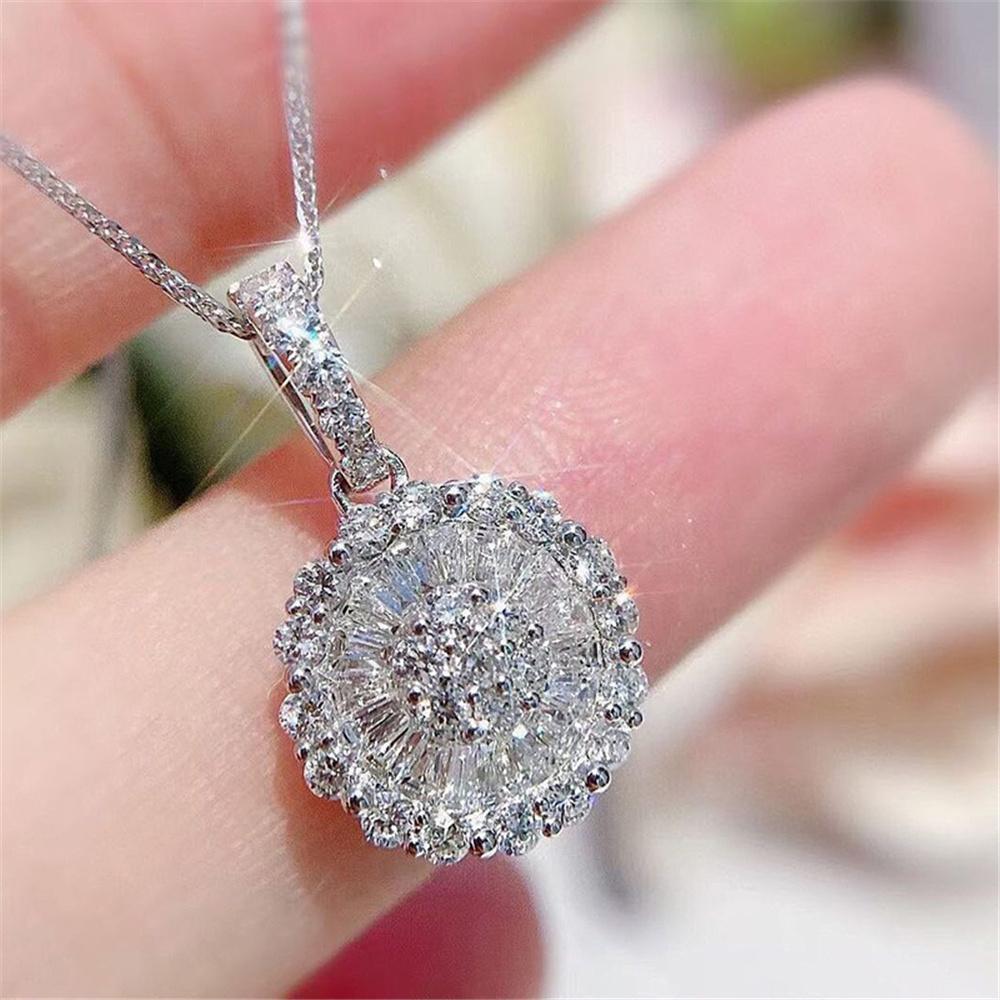 Cute Female Crystal White Round Zircon Stone Pendant Necklace Vintage Silver Color Wedding For Women