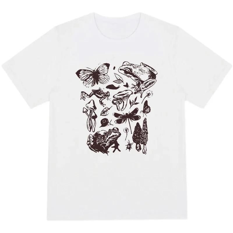 

Cute Cottagecore Aesthetic Frog Mushroom Print Shirt Fashion Women Street Tshirts Casual Cotton Short Sleeve Graphic Tops Tees S