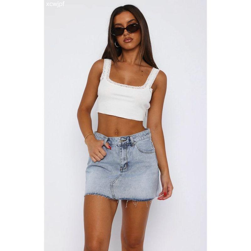 Versatile Punk Women's Clothing Fashion Graceful and Fashionable Sleeveless Strap Short Crop Top Lace Patchwork White Vest