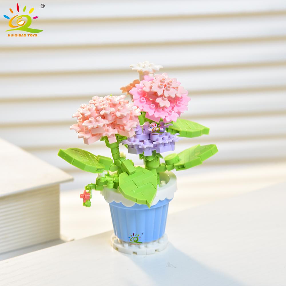 HUIQIBAO MOC Bouquet Potted Plant Micro Building Blocks Eternal Flower Model DIY Home Desk Decoration Brick Toy For Children