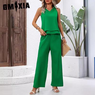 Women's Fashion Solid Color Print Sleeveless V-Neck Trousers Pants Suits