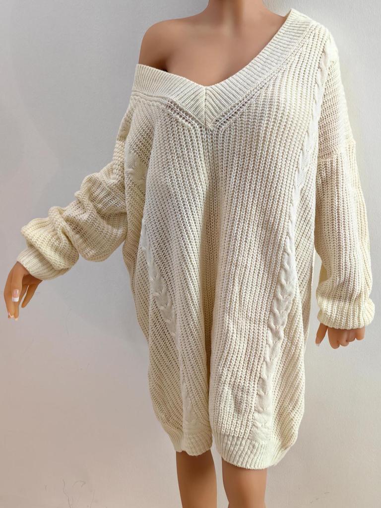 Europeisk og amerikansk dame plussstørrelse dyp V-hals ensfarget strikket ullkjole