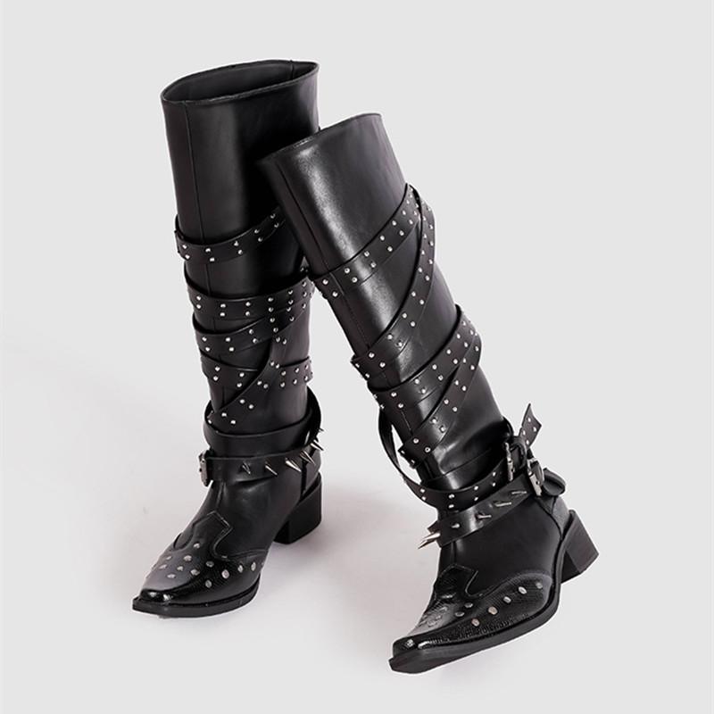 Fashion Vintage Leather Rivet Spike Belt Buckle Women Motorcycle Boots Fashion Autumn Winter High heels Punk Cowboy Knight Boots Shoes