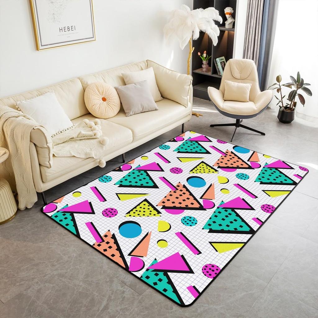 Retro Memphis Style Geometric Print Area Rug, 80s Neon Colorful Non-Slip Floor Mat for Living Room Bedroom Home Decor Carpet