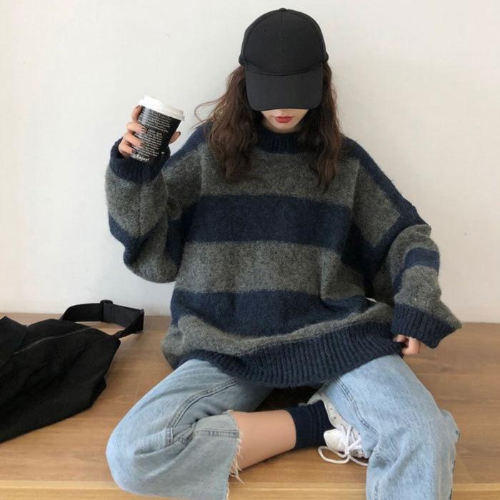 Color-blocking Striped Knitted Sweater for Women Loose and Casual Sweater Long-sleeved Trendy Pullover for Women Autumn and Winter