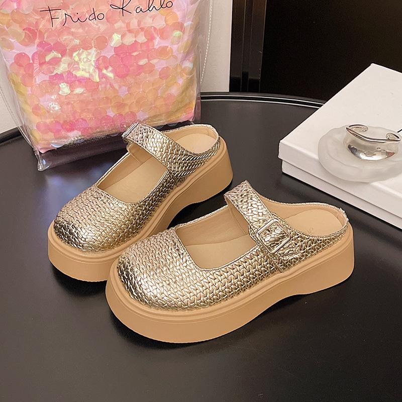 Dámské mokasíny na platformě muffin 2025 nové jarní a letní exploze retro tkaná taška hlava poloviční pantofle malé sandály