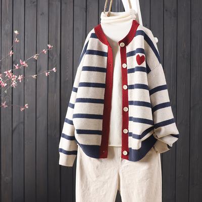 Cardigan tricoté à col rond pour femme, pull à manches longues, à rayures, boutons assortis, nouvelle collection automne et hiver