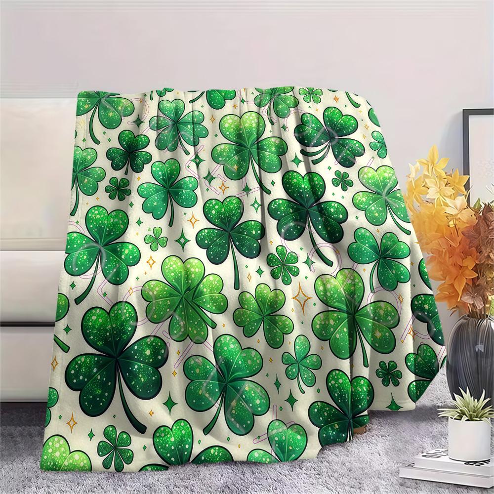 1PC Four-leaf clover Print FlAannel Blanket, High quality Comfortable for All Seasons, Home Decor, Warmth and Comfort